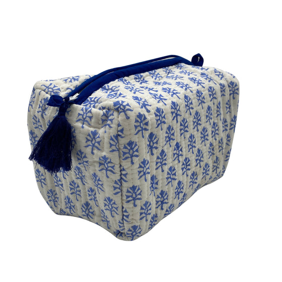 Buti blue Quilted hand block printed cotton wash bag with a waterproof lining.