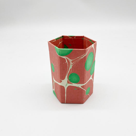 Marbled Paper Hexagonal Pen Pot - Coral and Mint