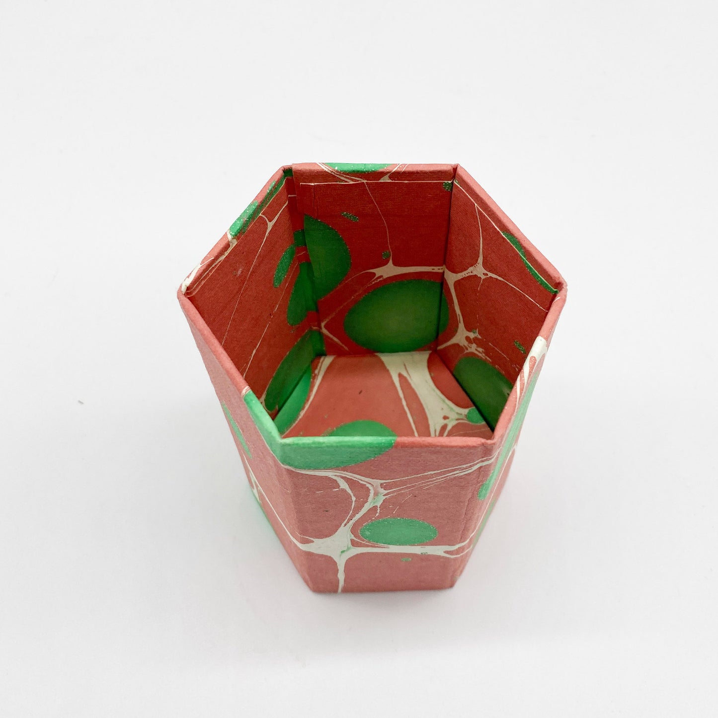 Marbled Paper Hexagonal Pen Pot - Coral and Mint
