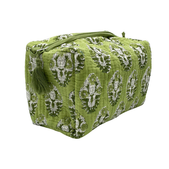 Green boots Quilted hand block printed cotton wash bag with a waterproof lining.