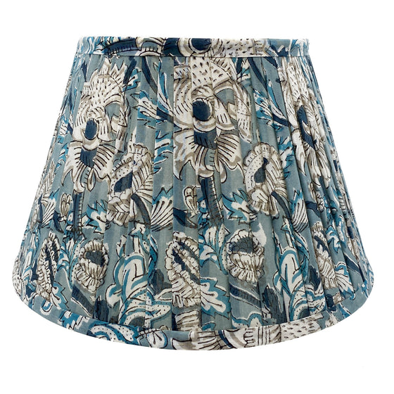 Indian block print lampshade with shades of blue and grey in a traditional floral fabric
