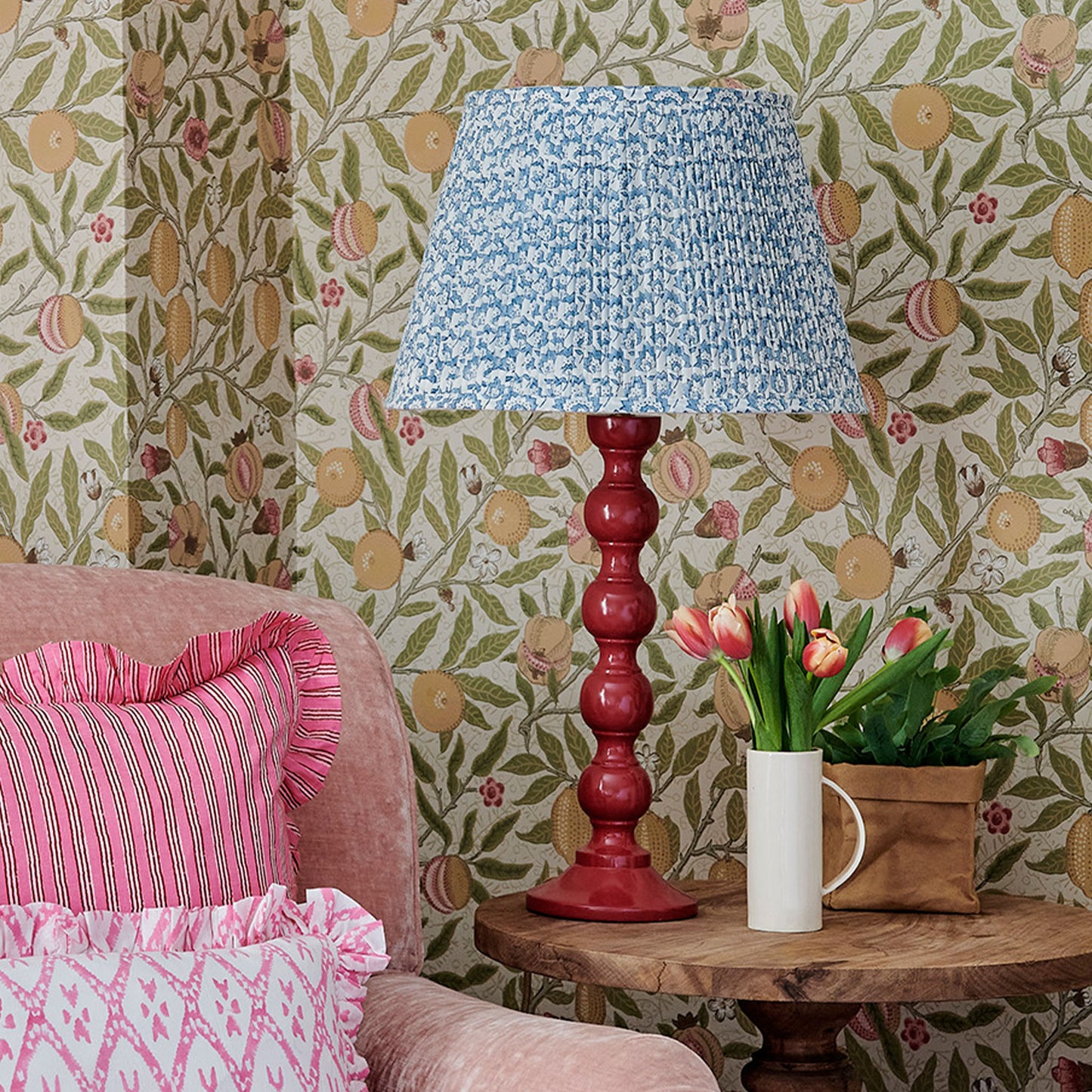 Jennie Gathered Cotton Block Printed Lampshade in Pale Blue