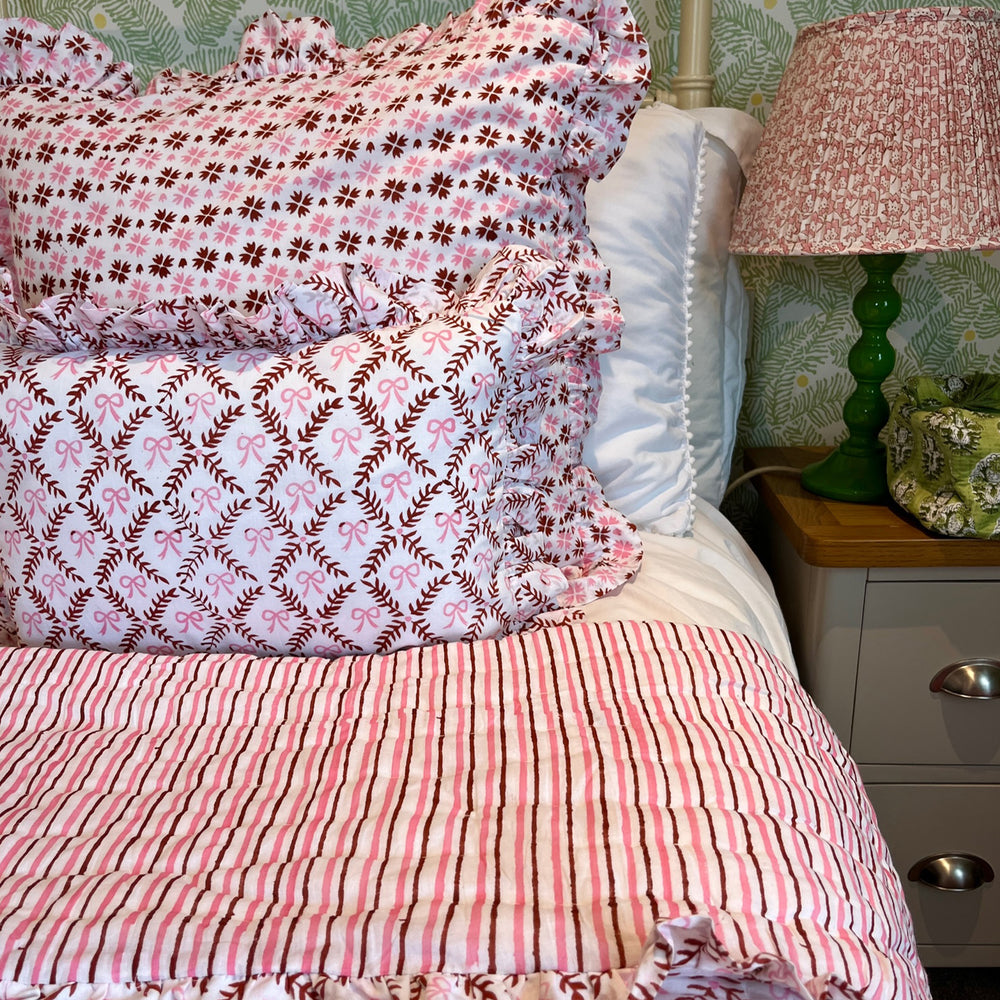 
                  
                    Jennie Gathered Cotton Block Printed Lampshade in Pale Rose Pink
                  
                