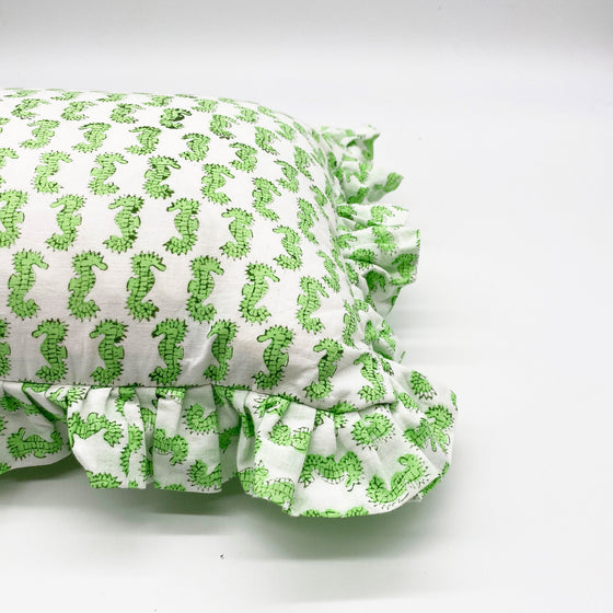 Hand Block Print Cotton Frilled Cushion - Lime Seahorse