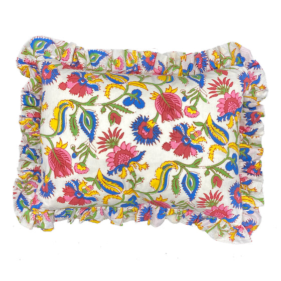 Multi floral Indian block print frilled cushion