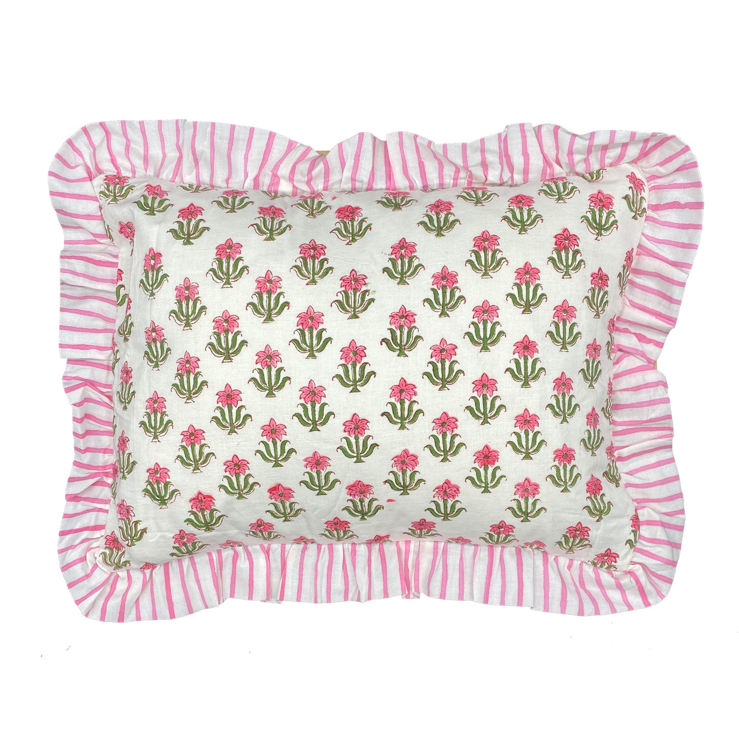 Reversible pink floral Indian Block printed cotton cushion