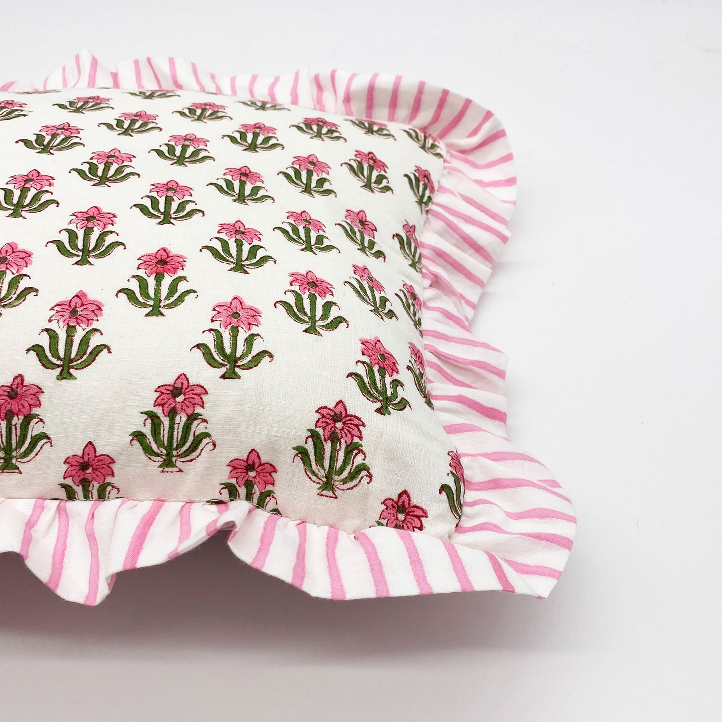 Hand Block Print Cotton Frilled Cushion - Pink Posy