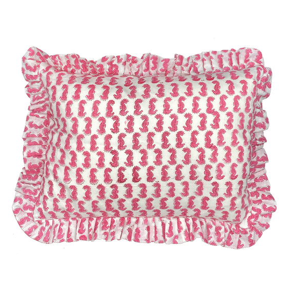Pink seahorse design Indian Block print frilled cushion