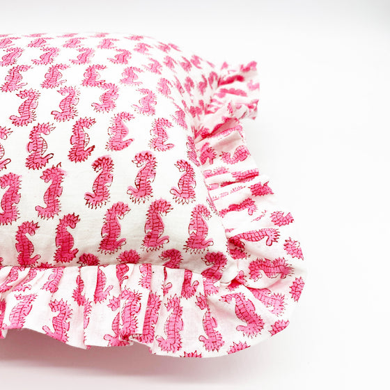 Hand Block Print Cotton Frilled Cushion - Pink Seahorse