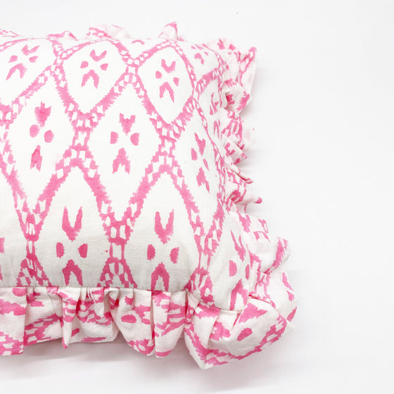 Hand Block Print Cotton Frilled Cushion - Pink Trellis