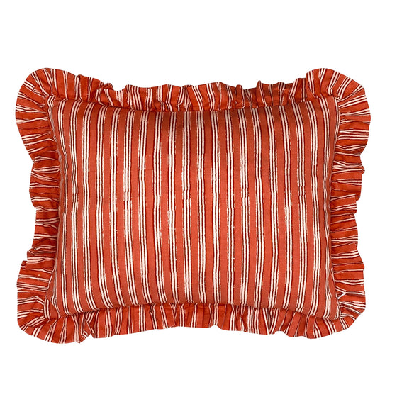 Hand block frilled cotton cushion - Sally in Coral