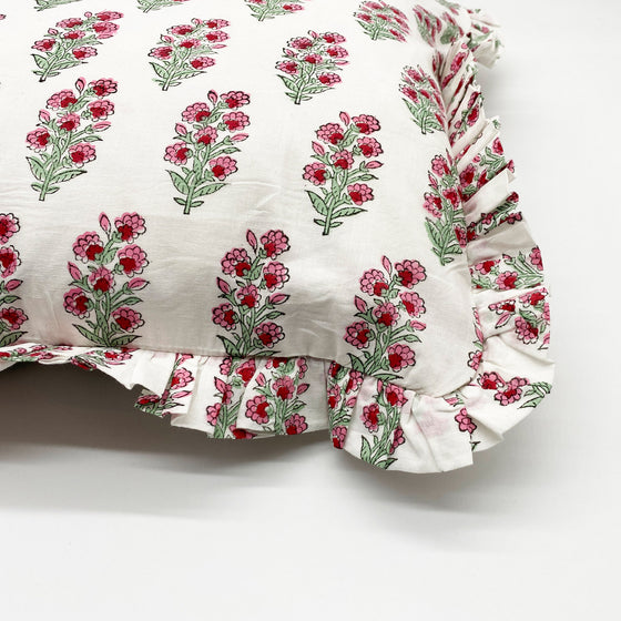 Large hand block frilled cotton cushion - Tilly
