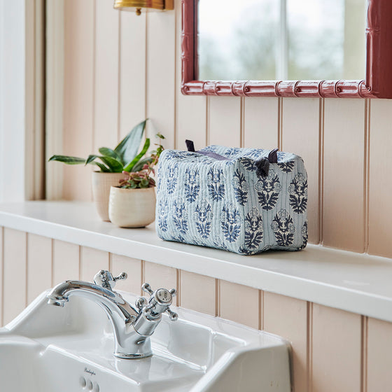 Quilted Cotton Wash Bag - Pale Blue Posy