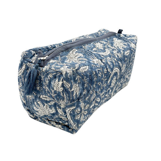 Quilted Cotton Wash Bag - Blue Grey Flower