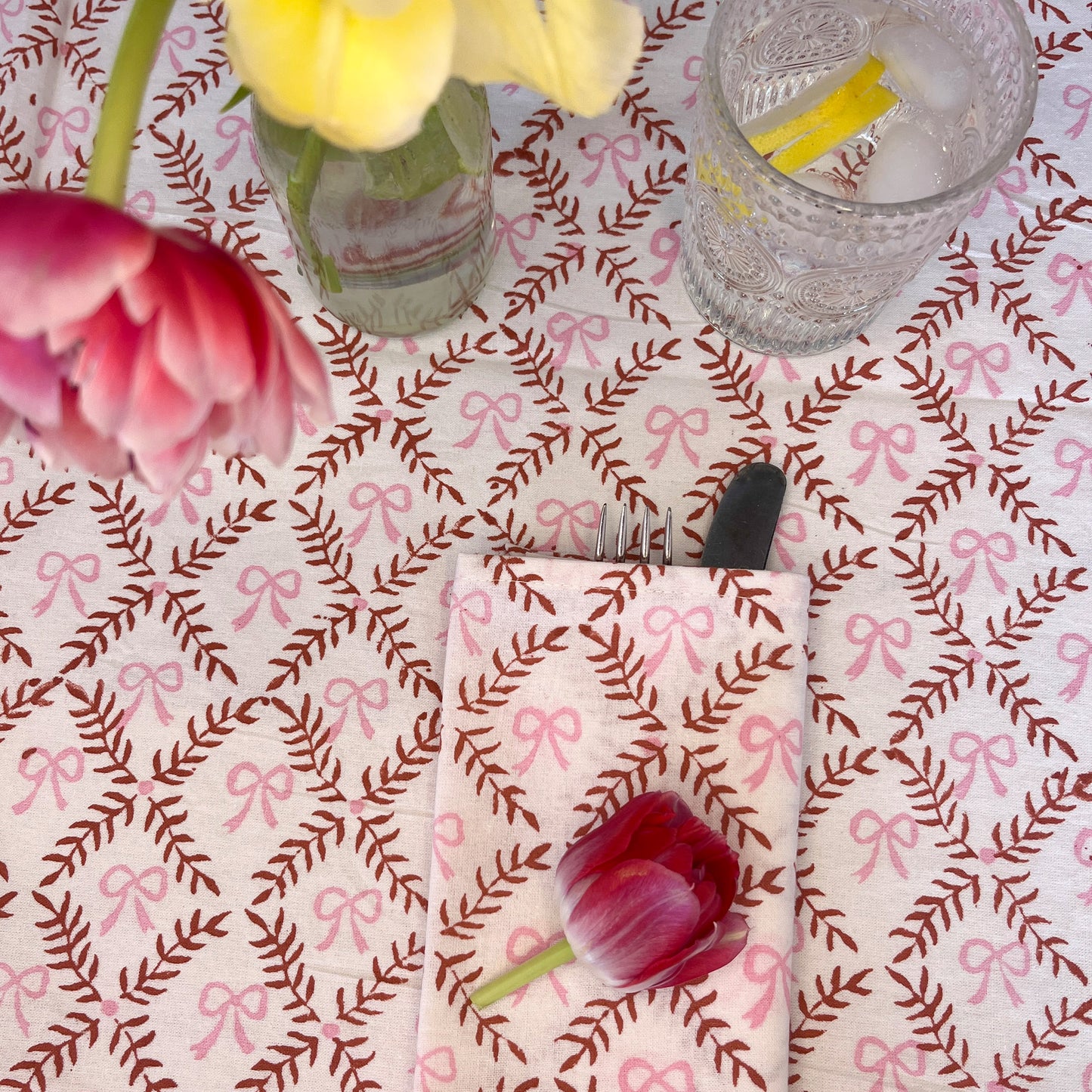 Bow Peep block printed table cloth - Pink and Berry
