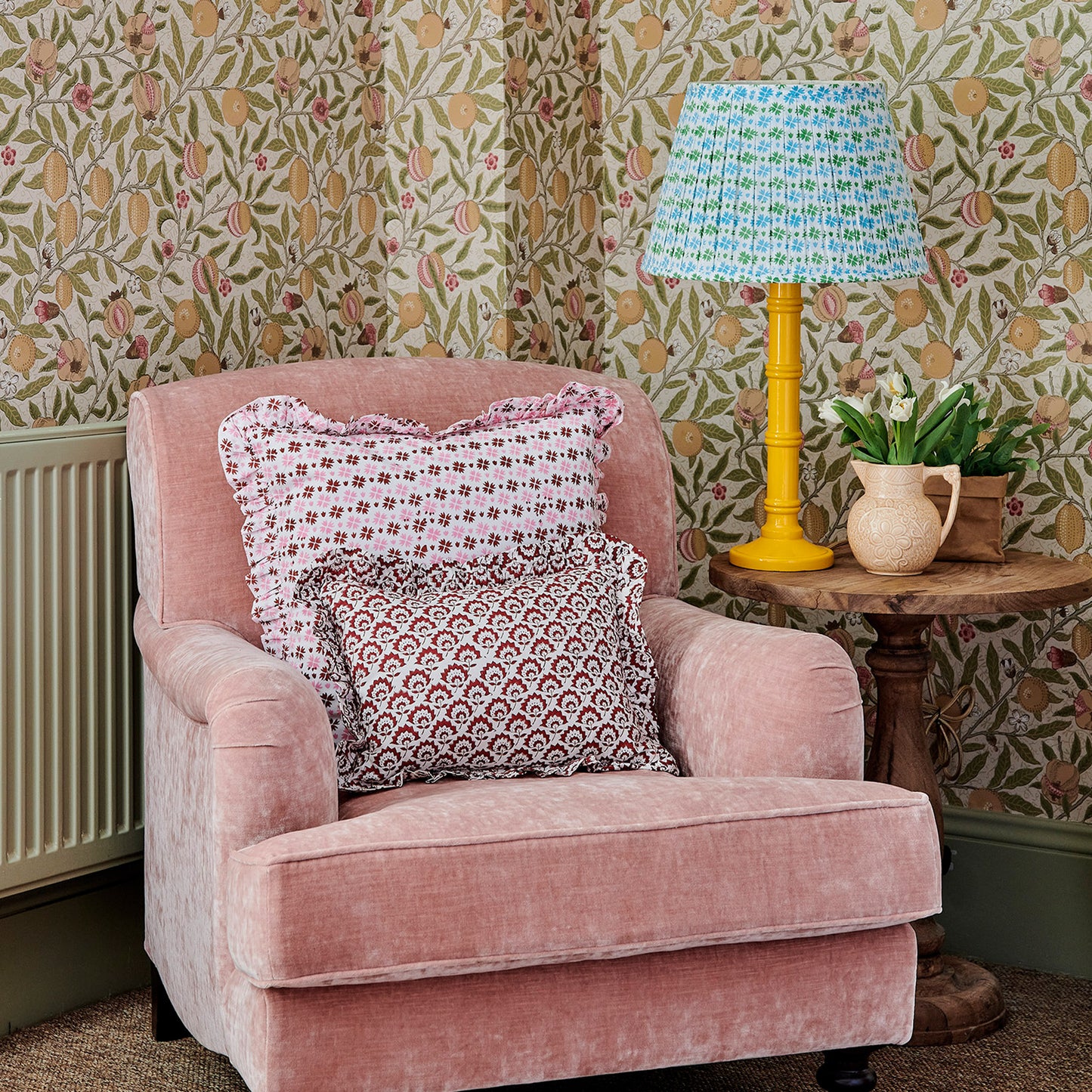 Heidi Pleated Cotton Block Printed Lampshade in Blue