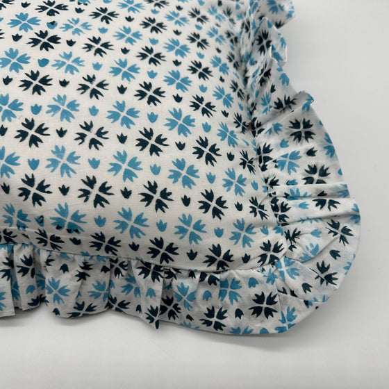 Hand block frilled cotton cushion - Heidi in Blue