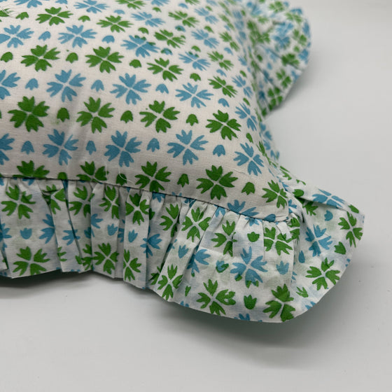 Hand block frilled cotton cushion - Heidi in Green