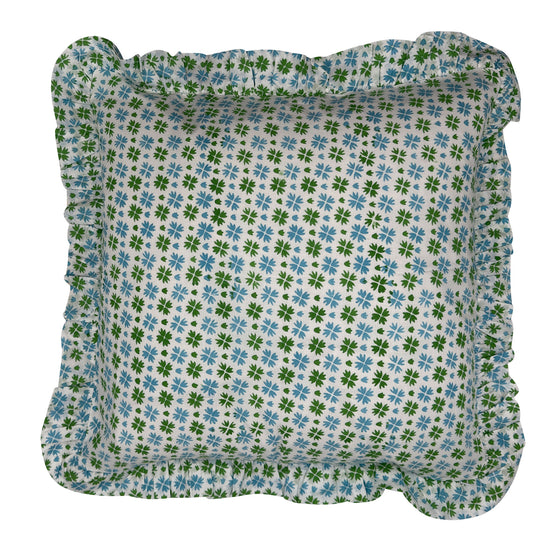 Large hand block frilled cotton cushion - Heidi in Green