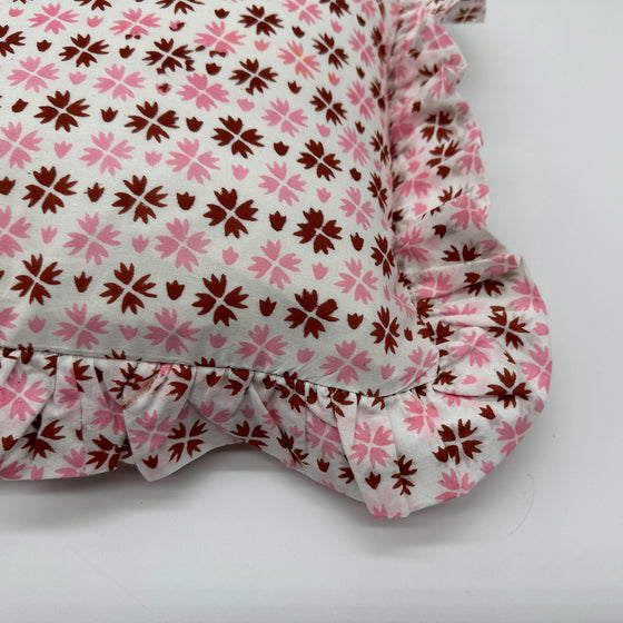 Hand block frilled cotton cushion - Heidi in Pink
