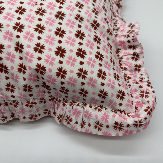 Large hand block frilled cotton cushion - Heidi in Pink