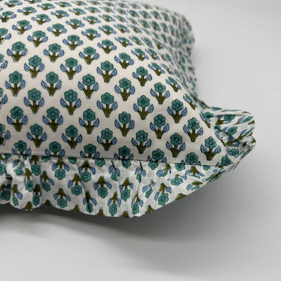 Hand block frilled cotton cushion - Issy in Blue and Green