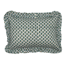  Hand block frilled cotton cushion - Issy in Blue and Green