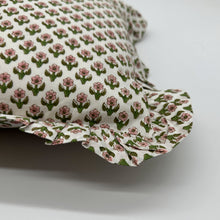  Hand block frilled cotton cushion - Issy in Pink and Green