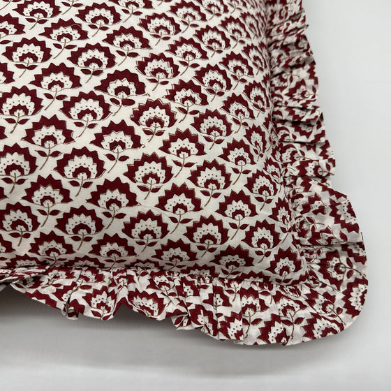 Large hand block frilled cotton cushion - Jennie in Rich Berry