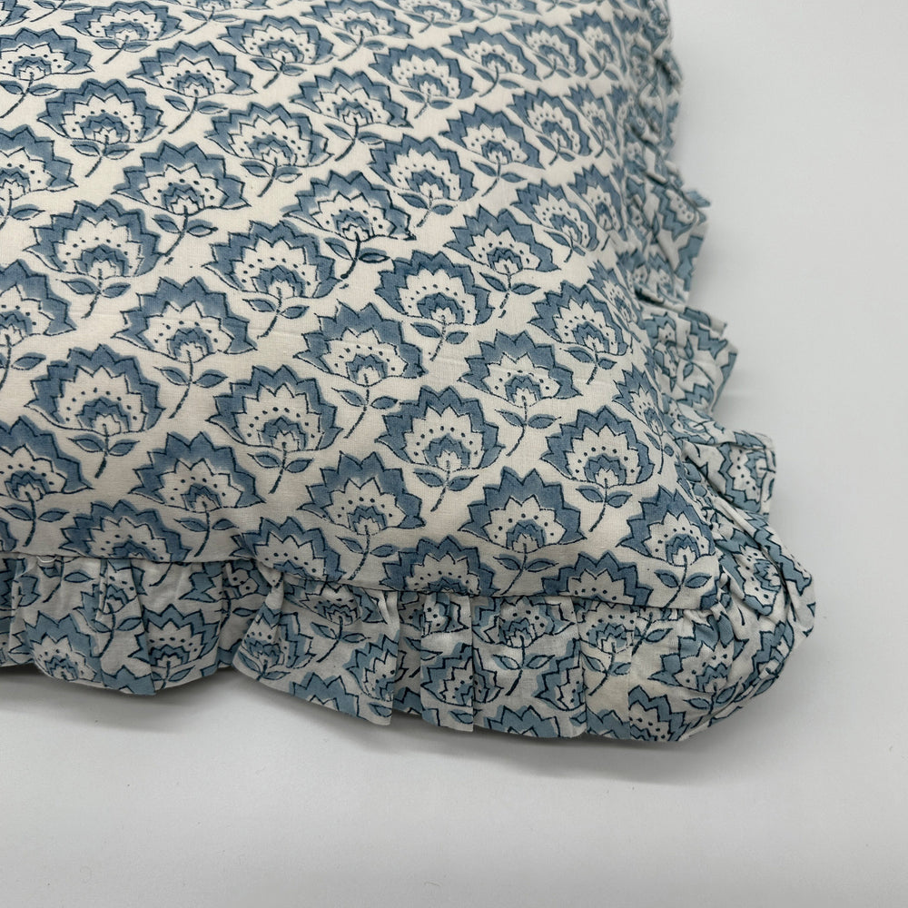 
                  
                    Hand block frilled cotton cushion - Jennie in Pale Blue
                  
                