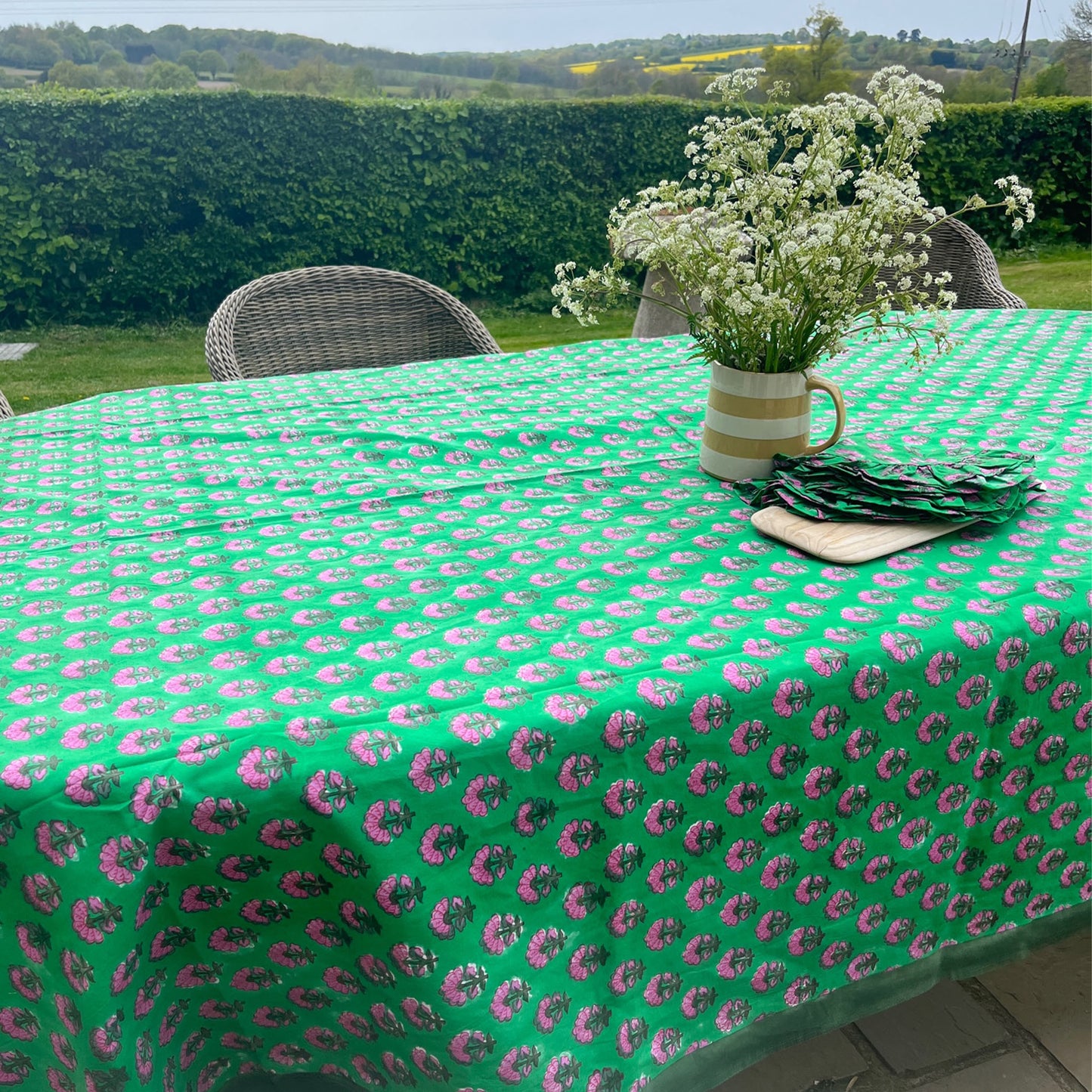 Kitty block printed table cloth - Jewel green with magenta pink flowers