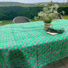 Kitty block printed table cloth - Jewel green with magenta pink flowers