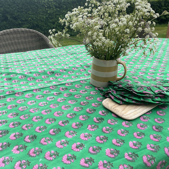 Kitty block printed table cloth - Jewel green with magenta pink flowers