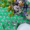 Kitty block printed table cloth - Jewel green with magenta pink flowers