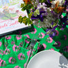 Kitty block printed table cloth - Jewel green with magenta pink flowers