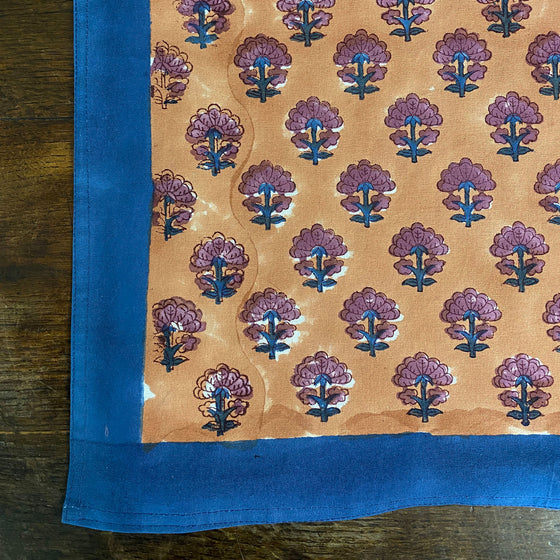 Kitty block printed table cloth - Faded terracotta with purple and blue flowers