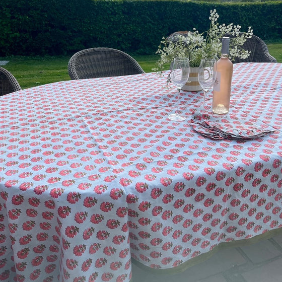 Kitty block printed table cloth - Pale blue with coral and olive green flowers