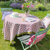 Kitty block printed table cloth - Pale blue with coral and olive green flowers