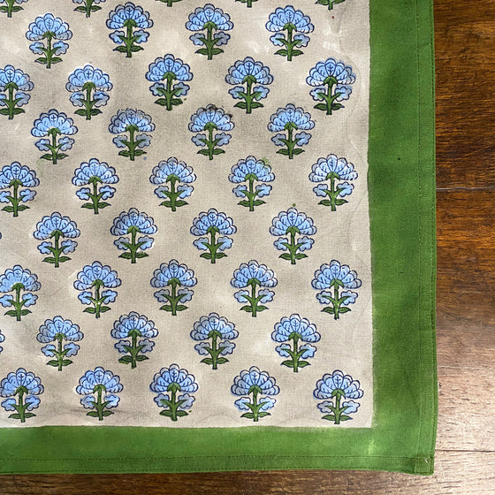 Kitty block printed table cloth - Pale grey with cornflower blue and dark green flowers