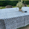 Kitty block printed table cloth - Pale grey with cornflower blue and dark green flowers