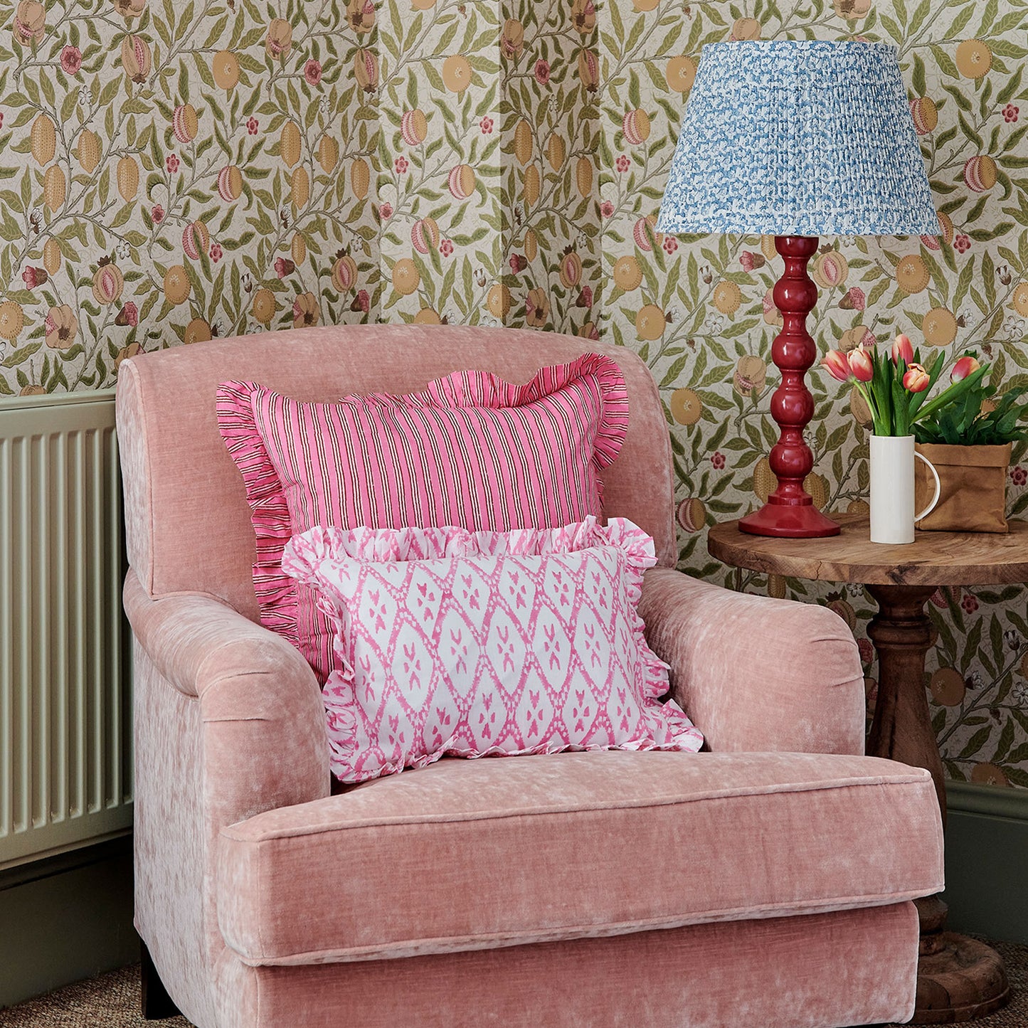 Large hand block frilled cotton cushion - Sally