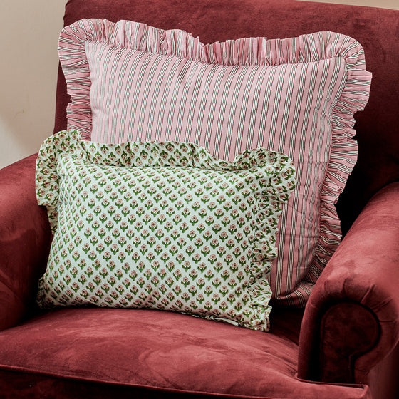 Large hand block frilled cotton cushion - Sally in Dusky Pink